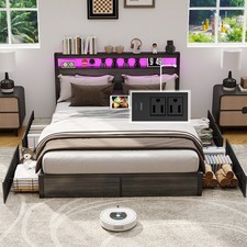 Queen Size Bed Frame with LED Headboard and 4 Storage Drawers,Charging Station