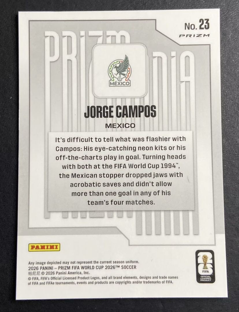 2026 Panini Prizm World Cup Jorge Campos #23 Prizmania Case Hit SSP Mexico view 2