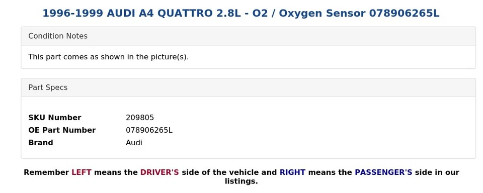 AUDI A4 QUATTRO 1996-1999 2,8 L - O2 / Sensor de oxígeno 078906265L Foto 3 de 4