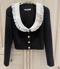 Alessandra Rich Black Cropped Jacket White Ruffle Collar Silver Buttons IT 40