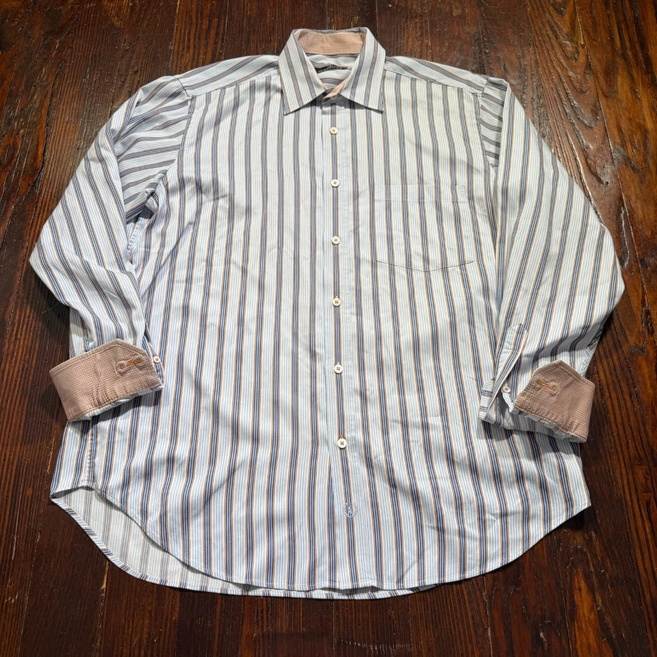 Bugatchi Uomo Shirt Mens Large Blue Striped Flip Cuffs Long Sleeve - Image 2 of 4