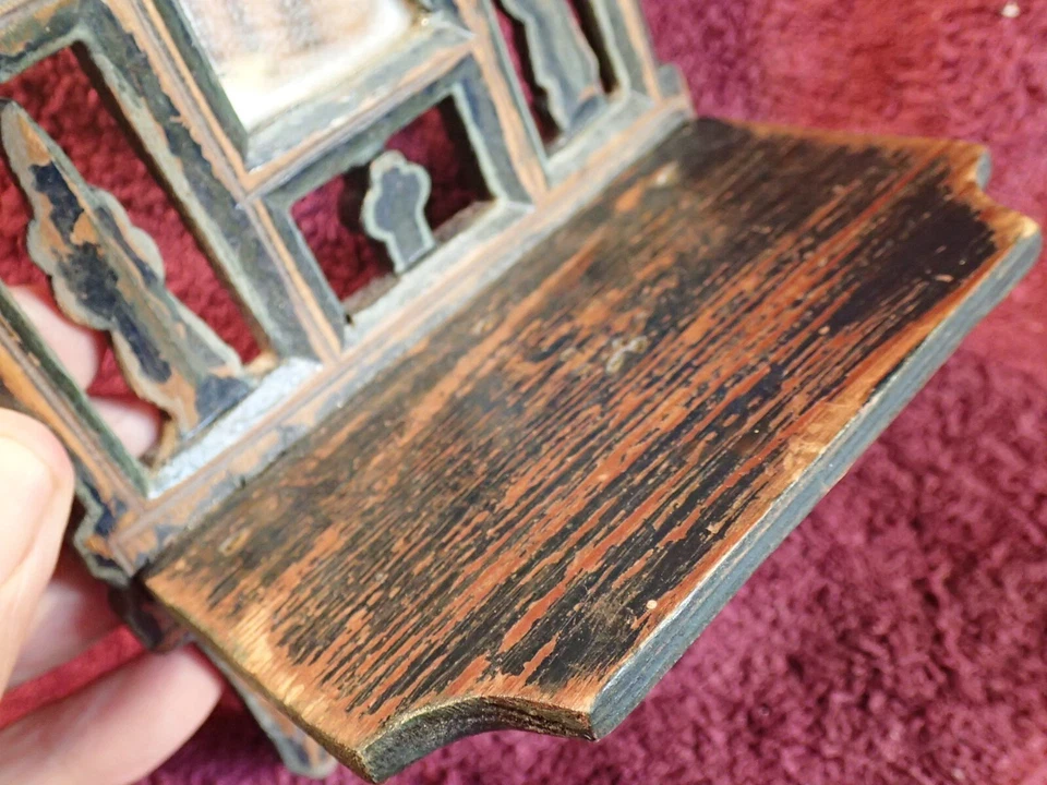 SMALLER ANTIQUE HANDMADE HANGING WOOD SHELF w MIRROR FOLK ART SWEDEN SWEDISH - Image 3 of 4