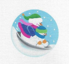 Snow Family Saucer Sledding handpainted 18 mesh Needlepoint Ornament Pepperberry