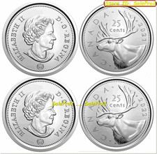2x LOTE DE MONEDAS DE 25 CENTAVOS CANADÁ 2021 2022 CARIBÚ CANADIENSE CUARTO RCM REINA II SIN CIRCULAR