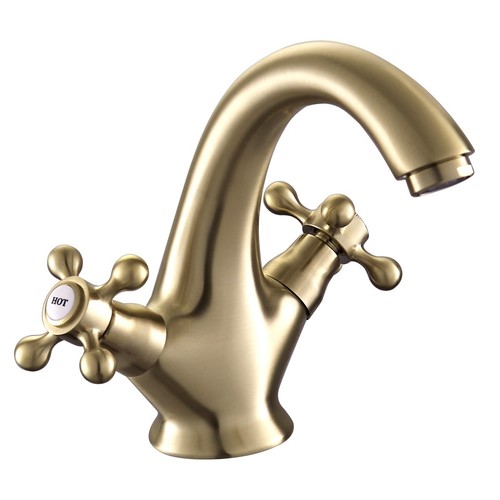 Victorian Brushed Brass Basin Mixer Taps Cross Handle Bathroom Sink Taps Gold - Picture 2 of 8