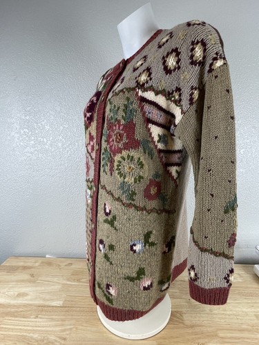 Vtg 1993 Susan Bristol Patchwork Floral Appliqué Wool Cardigan Sweater Button Sm - Picture 2 of 8