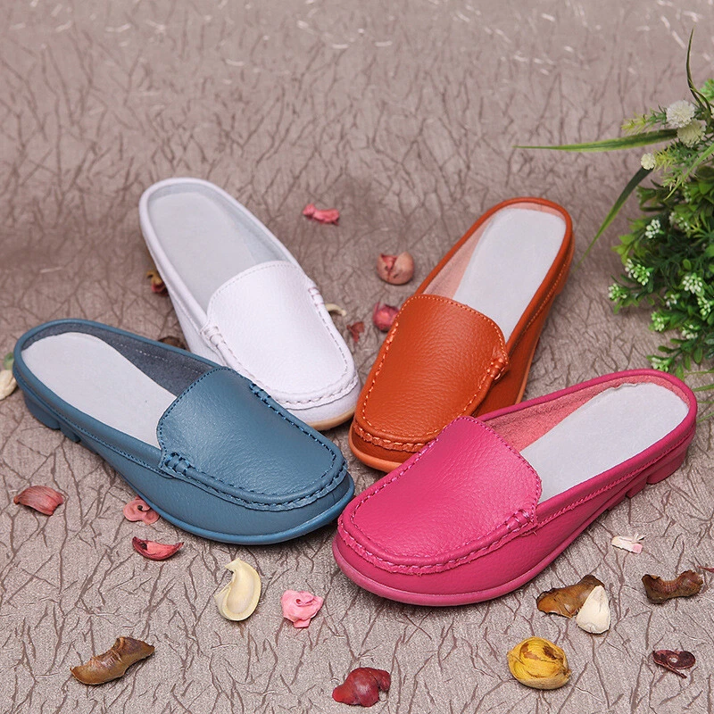 Ladies Slip on Leather Loafer Mules Flats Backless Moccasins Casual Slider Shoes