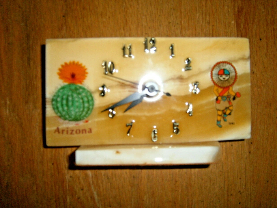 MARBLE CLOCK FREE STANDING ARIZONA AZTEC THEME HONEY ONYX BATTERY OPERATED VTG - Image 3 of 4