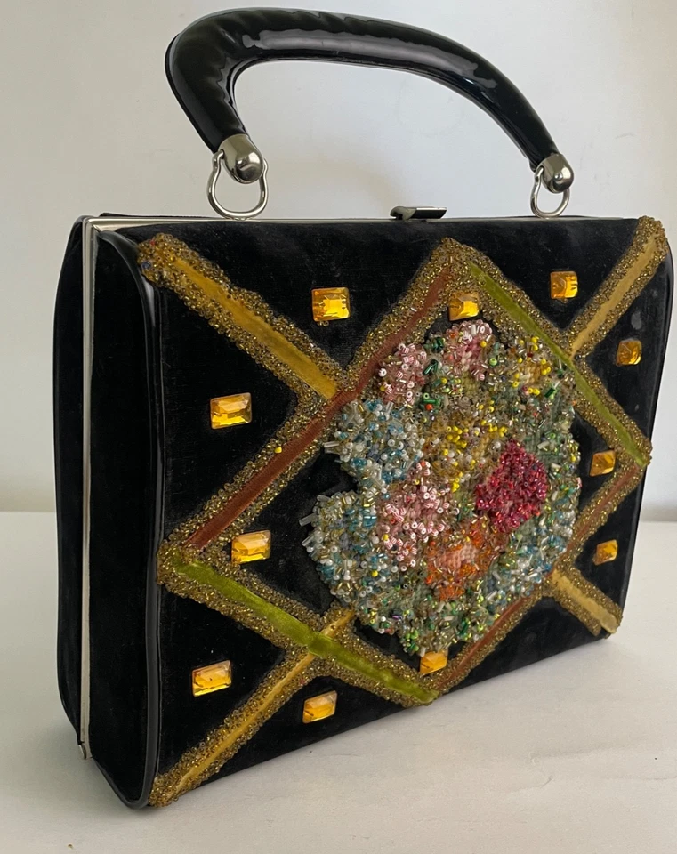 Bolso de Noche Caja Terciopelo Cuentas Intage Floral Lana Bordado Estrás 9.5x7.5 Foto 2 de 4