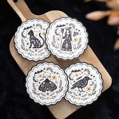 Geschenkset 4 MDF Box Untersetzer Frightful Folk Spooky Katze Motte Hexe Rabe Designs