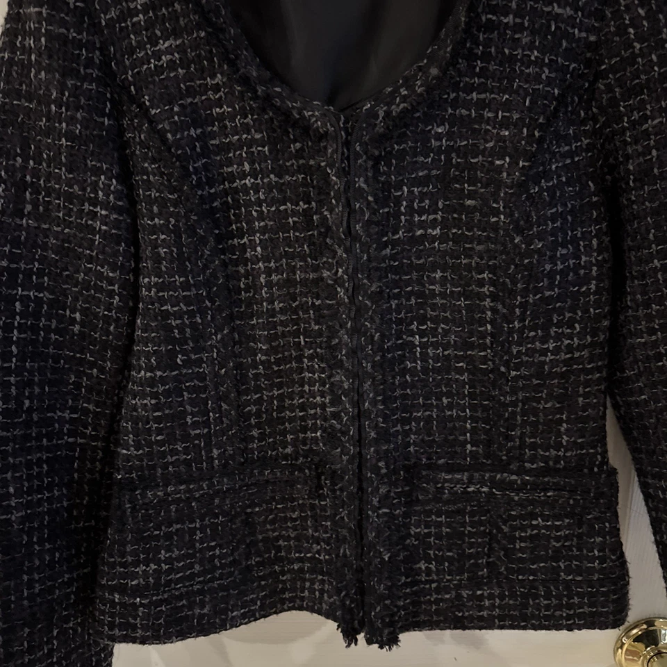Chaqueta Blazer Willi Smith Mujer Recortada Tweed Pequeña Negra Gris Gancho Cierre Ojo Foto 2 de 4