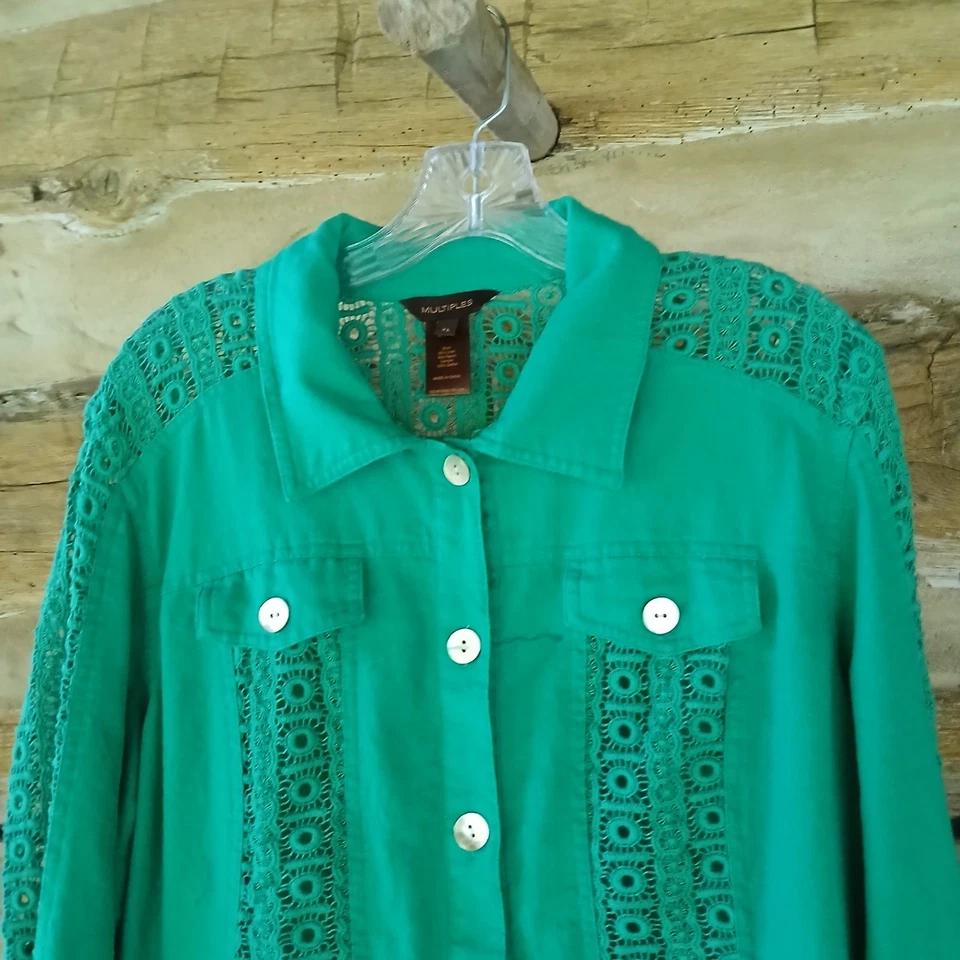 Multiples Women's Jacket Lightweight Eyelet Panels Linen Blend Green Size XL Foto 2 de 4