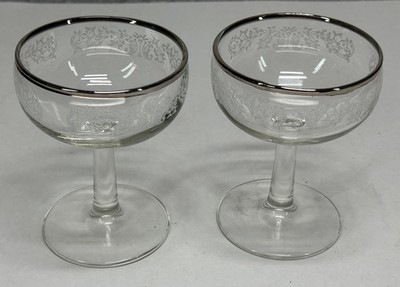 2 VTG Silver Rim Sherbet Glass Champagne Wine Stemware Set White Floral Accents
