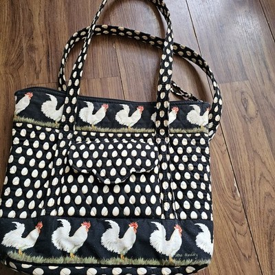 Vera Bradley Black Chicken Egg Print Embroidered Zip Close Purse Pocket Tote Bag