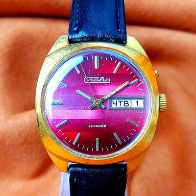 Vintage Men's Watch Slava 26 Jewels Soviet Wristwatch Pink Dial Serviced