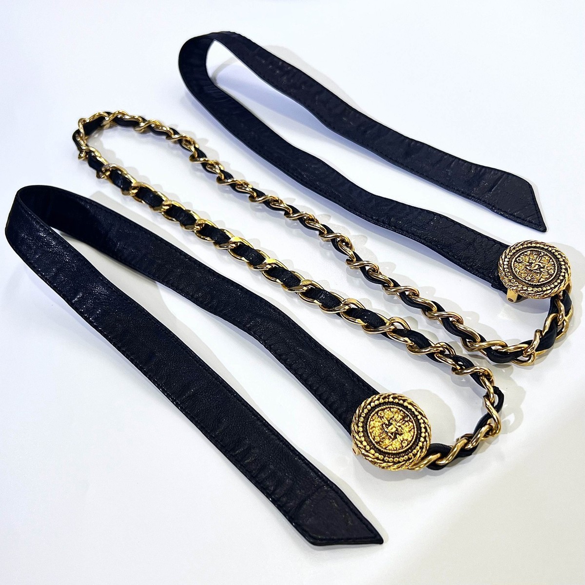 Chanel CC Logo Ribbon Chain Belt Gold Tone GP Black Leather Waist