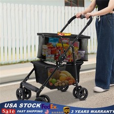 Folding Shopping Cart w/Wheels Collapsible Cart with Storage Crate 2-Layer Black