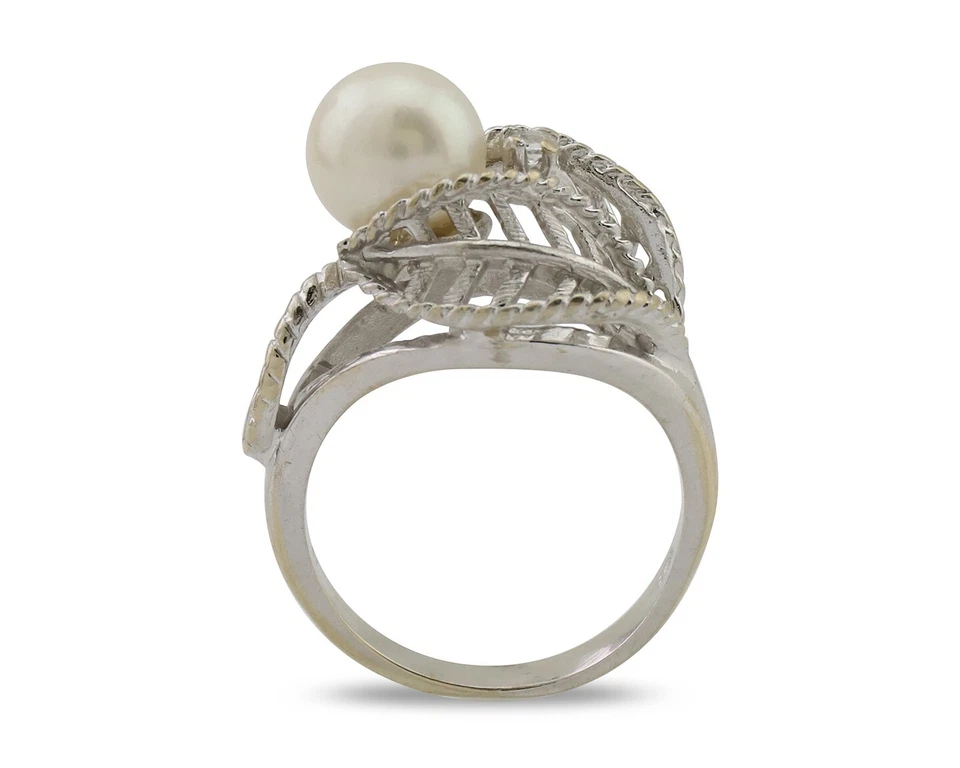 Anillo de diamantes y perlas blancas naturales de oro macizo de 10 k para mujer Foto 3 de 4