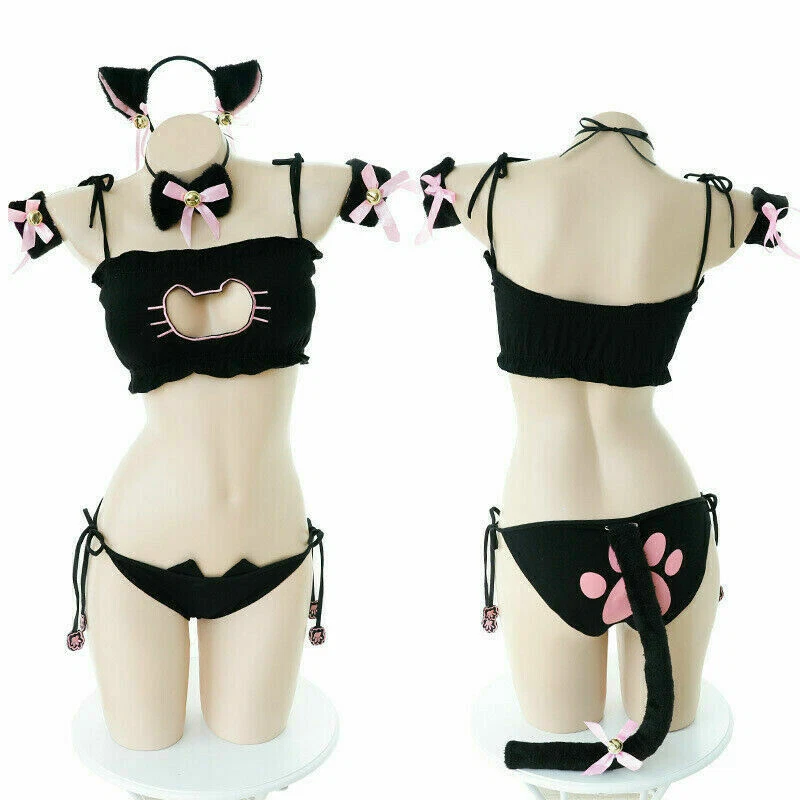 Women Sexy Lingerie Neko Sleepwear Cat Set Cosplay Costume Tail