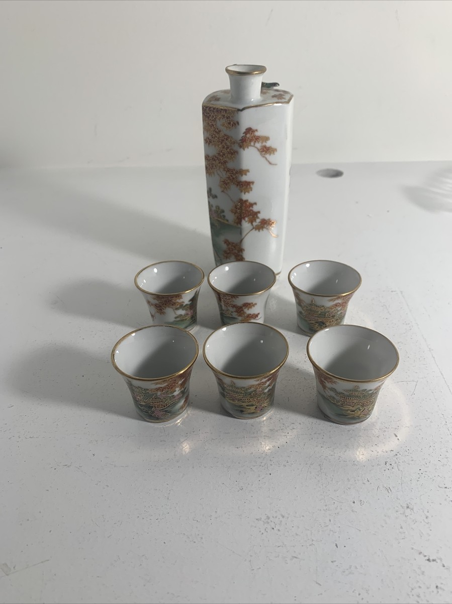 Vintage Saki Set Porcelain from Japan Red Accents | eBay