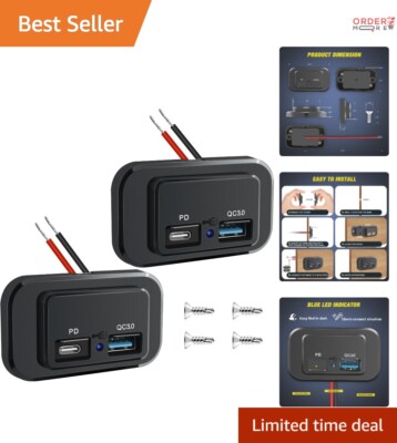 2 Pack Socket Panel ABS Dual USB PD Type C QC3.0 48W Fast Waterproof Automotive