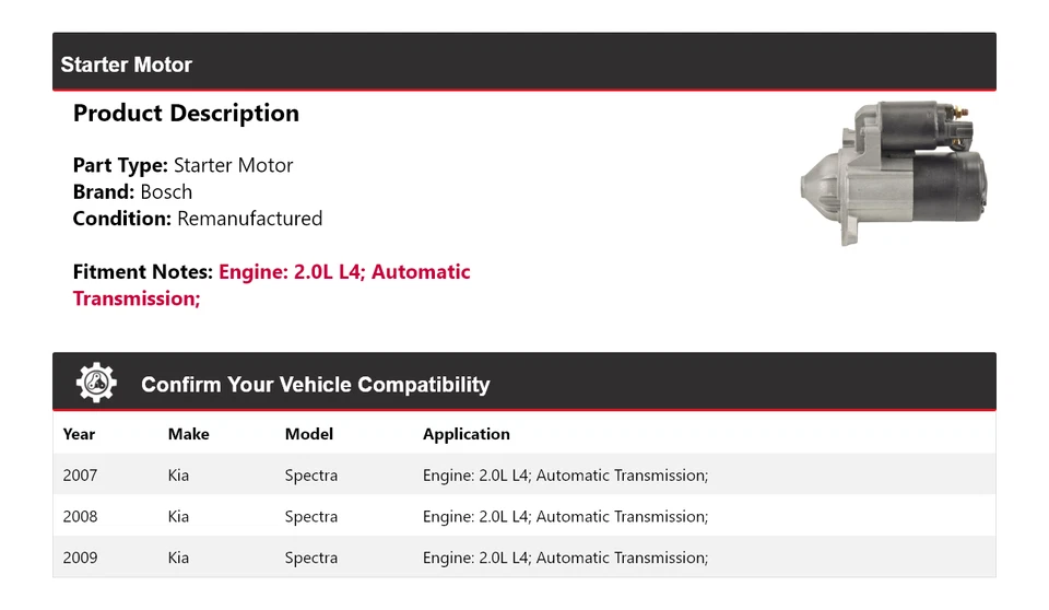 Стартер (восстановленный) 2008 для 2007-2009 Kia Spectra 2,0 л L4 Bosch - Изображение 2 из 4