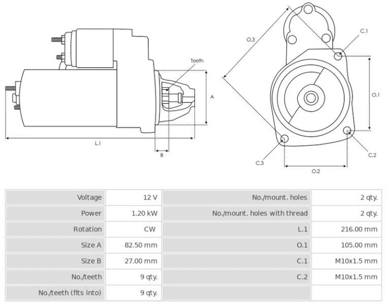 Starter 12V / 1.2KW CW DAEWOO KORANDO 2.3 CS1075 - Image 2 of 2