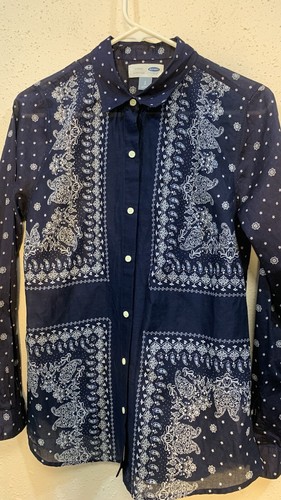 Old Navy Womens Top Button Down Shirt Small Blue and White Long Sleeve Western - Picture 6 of 11