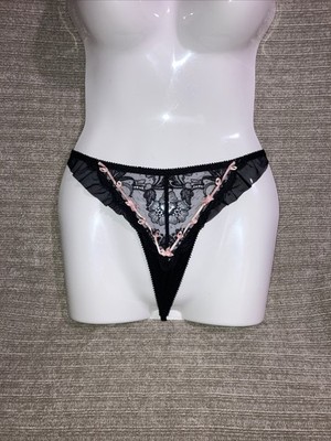 Pleasure State Black Lace Double String Pink Satin Ribbons Thong Panties S New