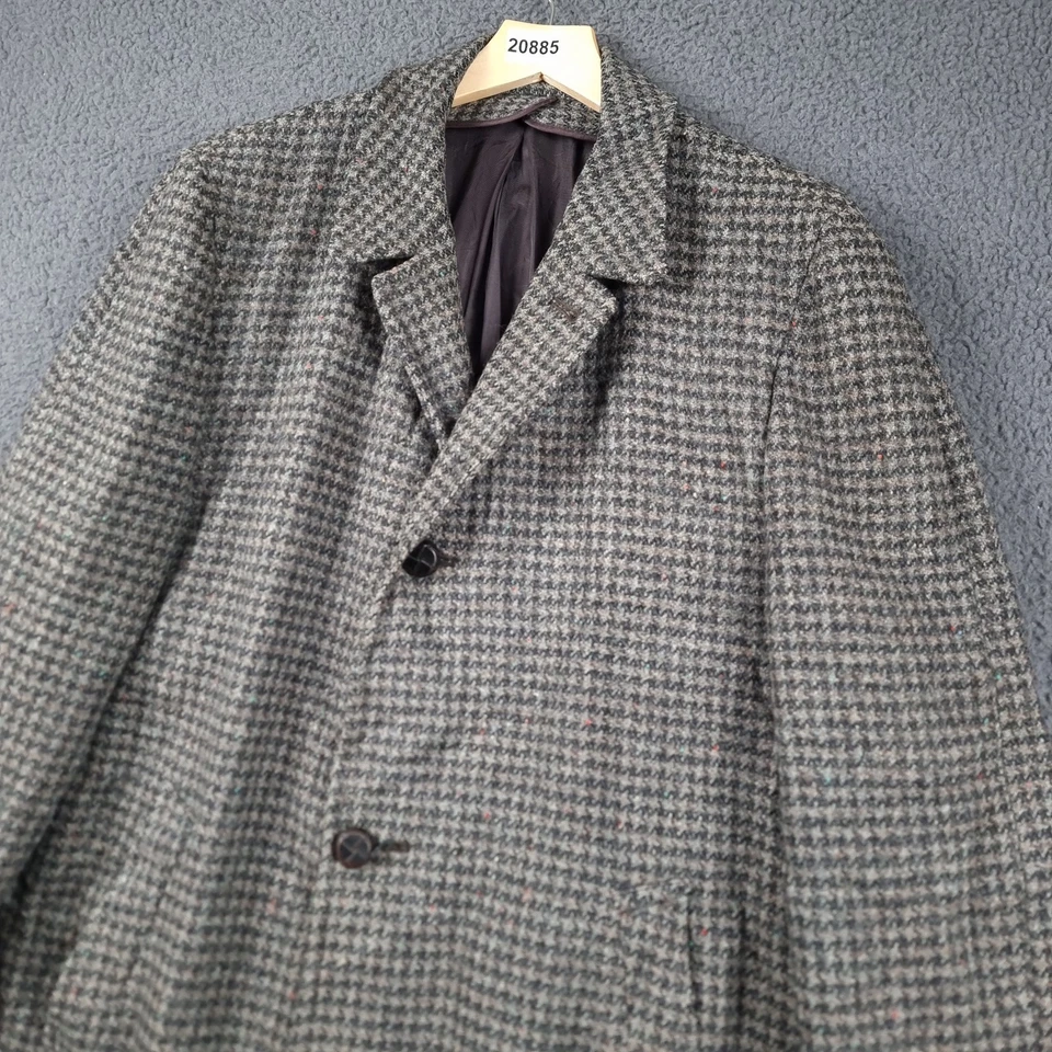 Vintage HARRIS TWEED Coat Mens L Large Grey Long Overcoat Pure Wool Houndstooth - Image 2 of 4