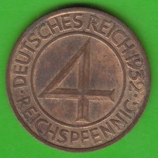 M&uuml;nze 4 Reichspfennig 1932 F gutes vz Br&uuml;ning-Taler h&uuml;bsch nswleipzig