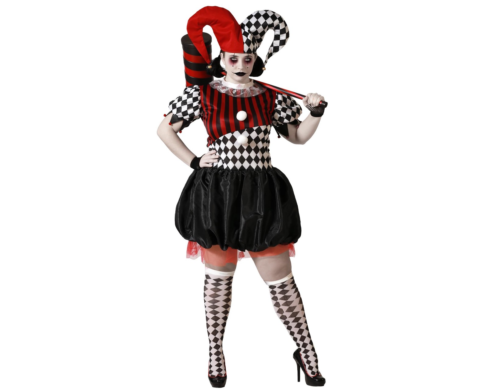 Atosa Disfraz de Arlequín Mujer Blanco, Negro y Rojo Teatral y Siniestro