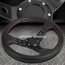 350MM 3" DEEP DISH 6-BOLT BLACK RACING STEERING WHEEL RED STITCHING+HORN BUTTON