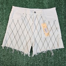 NWT Risen High Rise Criss Cross Fringe Rhinestone Womens Jean Shorts Size XL