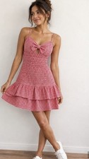 Wild Fable Womens S Red White Gingham Mini Dress Sweetheart Smocked Tie-Front