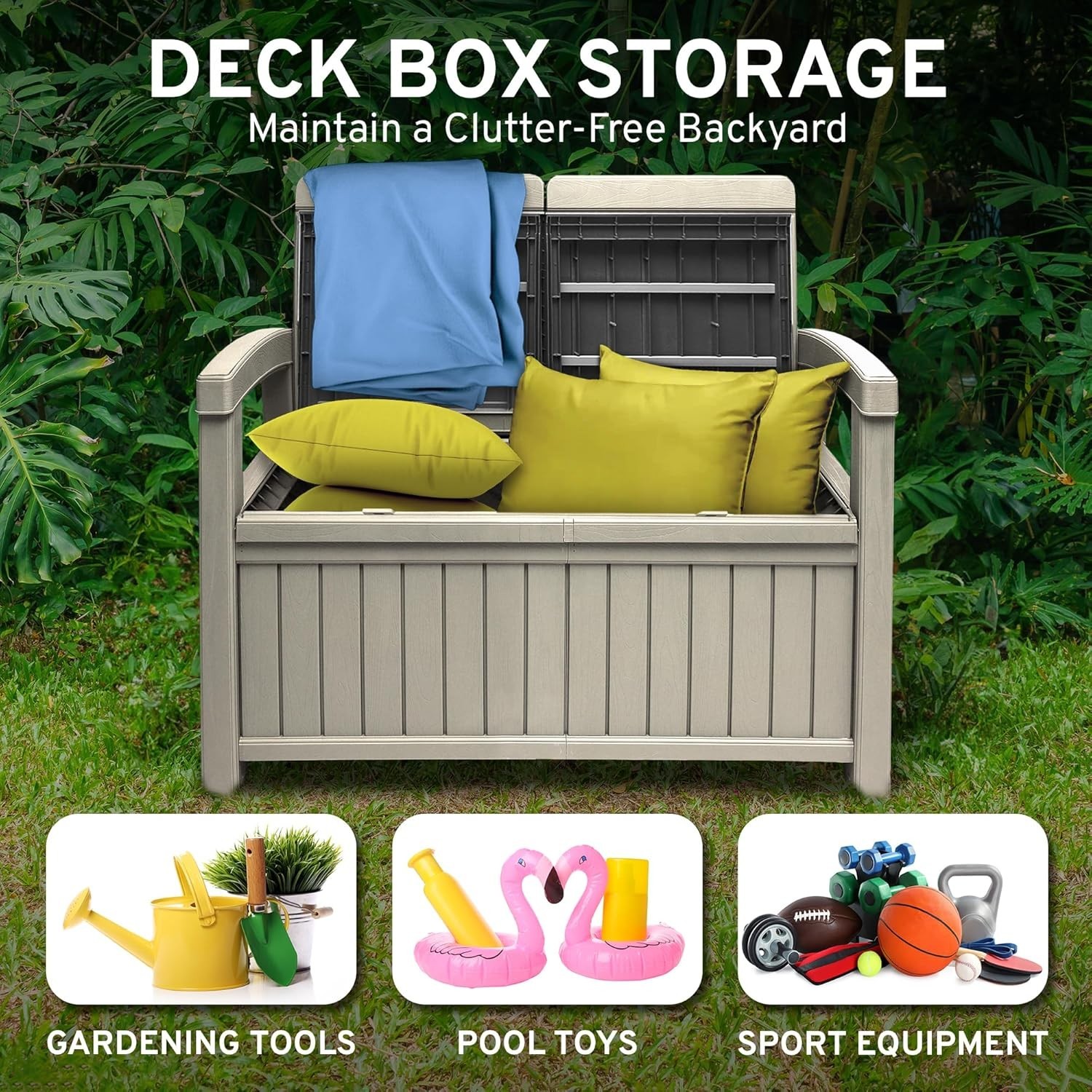 2 Seat Outdoor Storage Bench  - 60 Gallon Capacity - Weatherproof Grey
