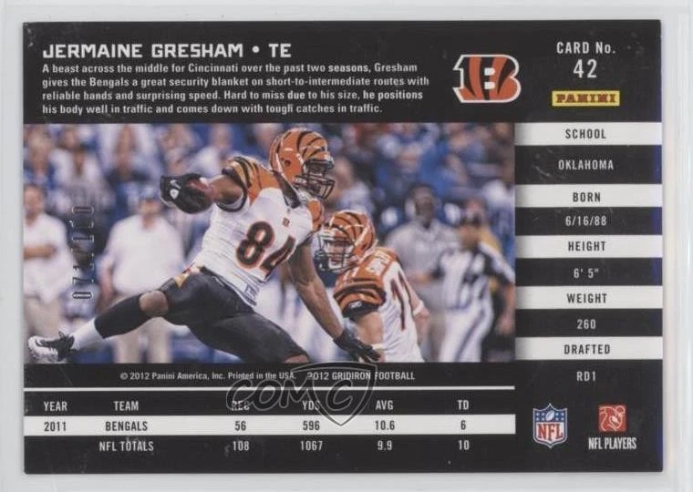 2012 Panini Gridiron Gold O's /100 Jermaine Gresham #42 - Image 2 of 2
