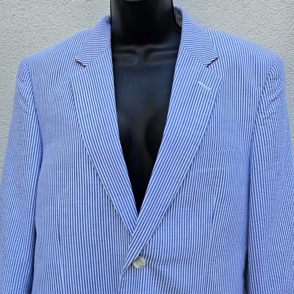 Blazer Allen River Seersucker Azul Blanco 40S 100% Algodón Abrigo Deportivo Blazer Foto 2 de 4