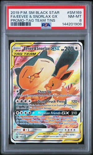 2019 POKEMON SM BLACK STAR PROMO TAG TEAM TINS FULL ART/EEVEE & SNORLAX GX PSA 8