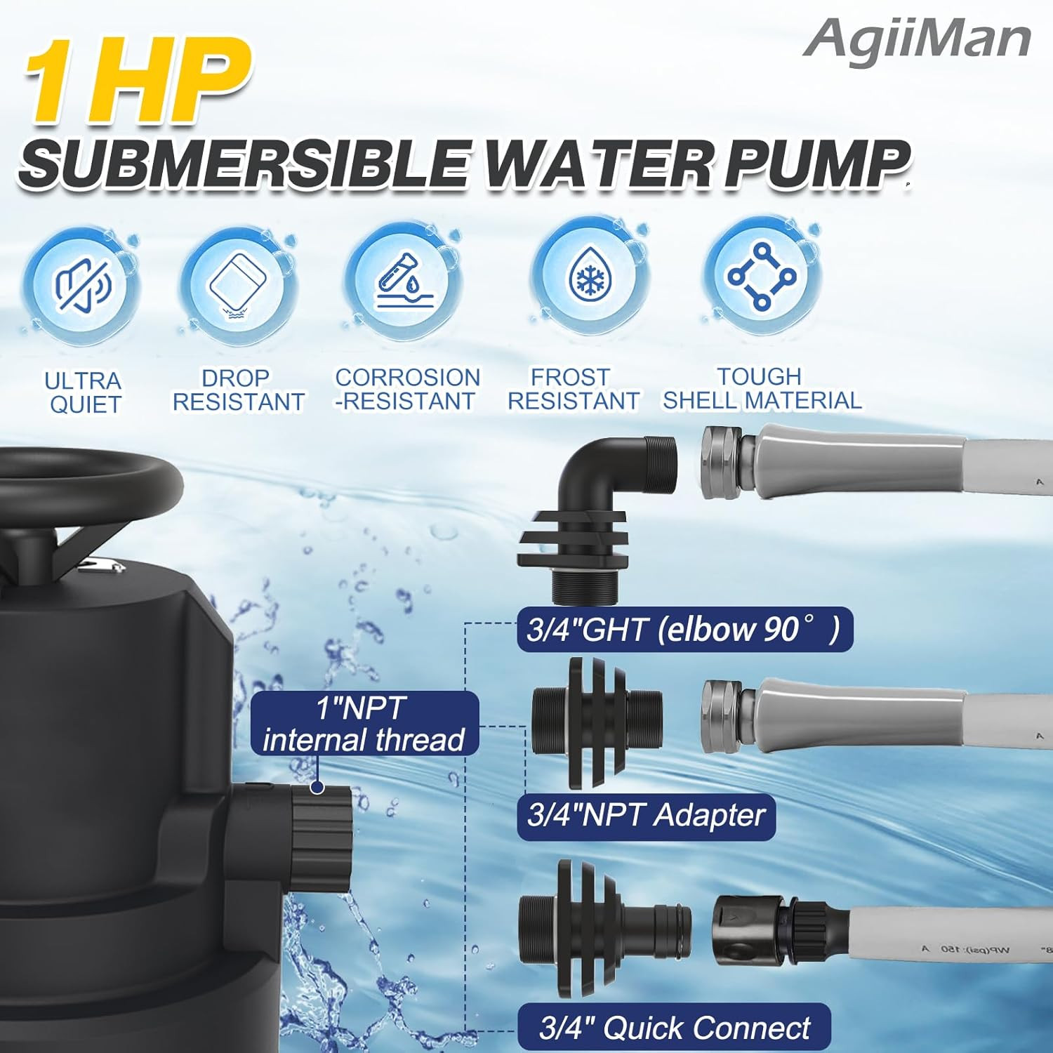 1HP Automatic Submersible Water Pump, 5000GPH Sump Pump Utility Pump for Pool Dr