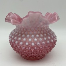 Vintage Fenton Opalescent Cranberry Pink Ruffled Hobnail Ball 5" Vase