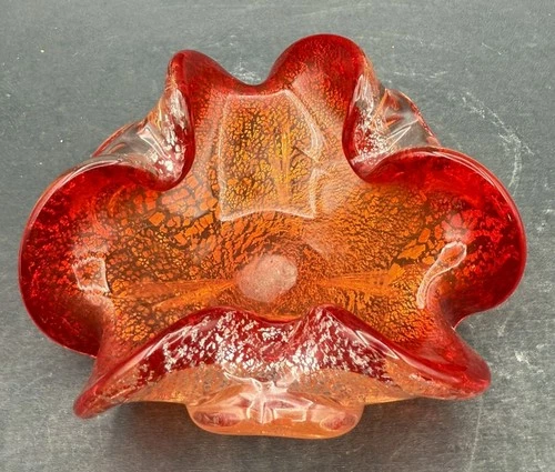 Murano Glass Italy Silver Fleck Ashtray Bowl Red Orange Hombre Vintage 5" KK