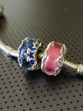 Set Of 2  New Pandora Murano Charms Reveal Your Love Pink & Galaxy Blue Star