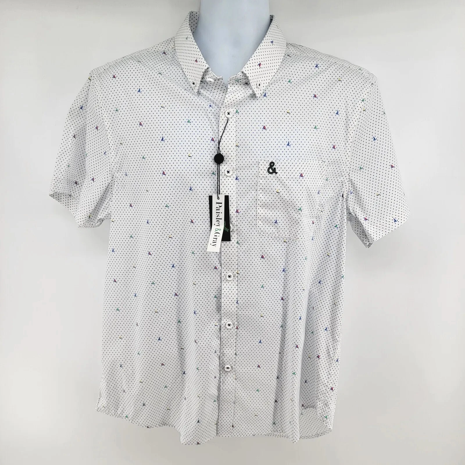 Paisley & Gray Slim Fit Short Sleeve Button Sailboat Ampersand Shirt Size XL