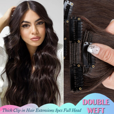 Thick Double Weft Clip In Wavy Full Head Real Remy Human Hair Extensions 8Pieces