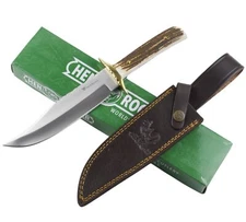 Hen & Rooster Deer Stag Handle Bowie Fixed Blade Knife 12" Overal Leather Sheath