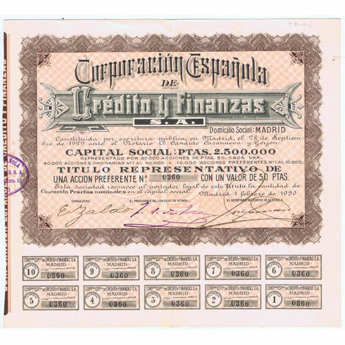 ACCION 1930 CORPORACIÓN ESPAÑOLA CRÉDITO Y FINANCIAS 50 PESETAS Nº 360
