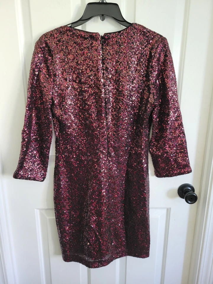 Express 女式红色铜亮片 V 领长袖迷你连衣裙 8 码 — 第 4/4 张图片