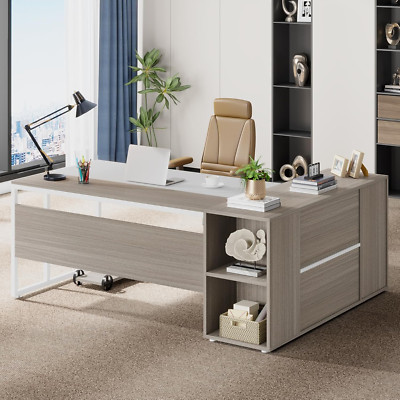 L-Shaped 71'' Executive Desk with Storage - Stylish Gray & White Office Furniture