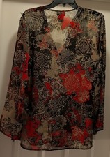 Tunic Top V-neck med BoHo long bell sleeve Blouse Shirt Paisley Sheer 60s 70s